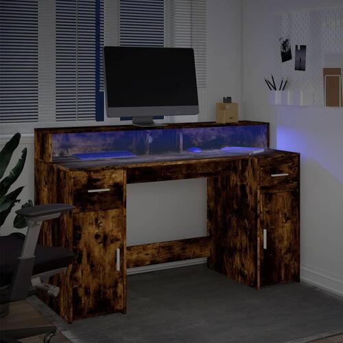 Skrivebord med LED-lys 140x55x91 cm konstrueret træ røget eg