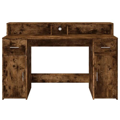 Skrivebord med LED-lys 140x55x91 cm konstrueret træ røget eg