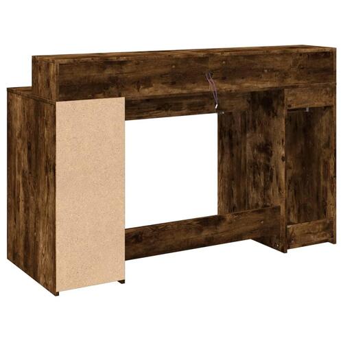 Skrivebord med LED-lys 140x55x91 cm konstrueret træ røget eg