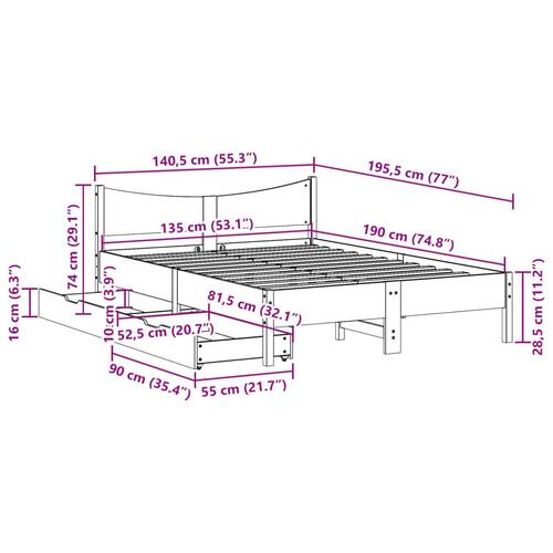 Sengeramme med skuffer 135x190 cm massivt fyrretræ hvid