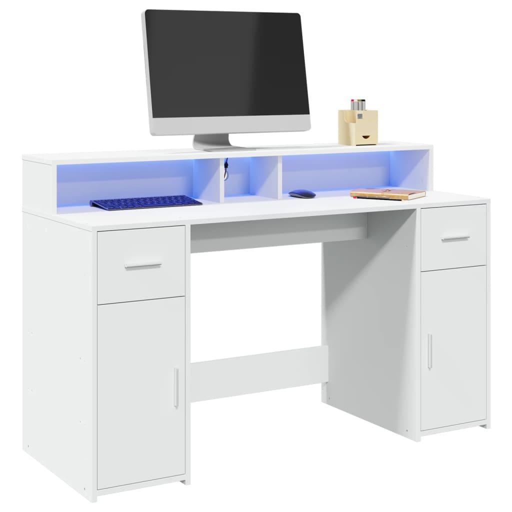 Skrivebord med LED-lys 140x55x91 cm konstrueret træ hvid