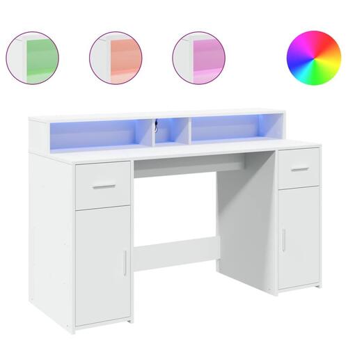 Skrivebord med LED-lys 140x55x91 cm konstrueret træ hvid