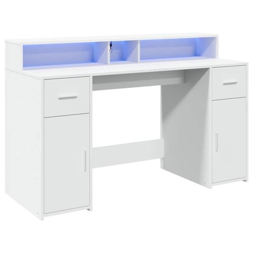 Skrivebord med LED-lys 140x55x91 cm konstrueret træ hvid