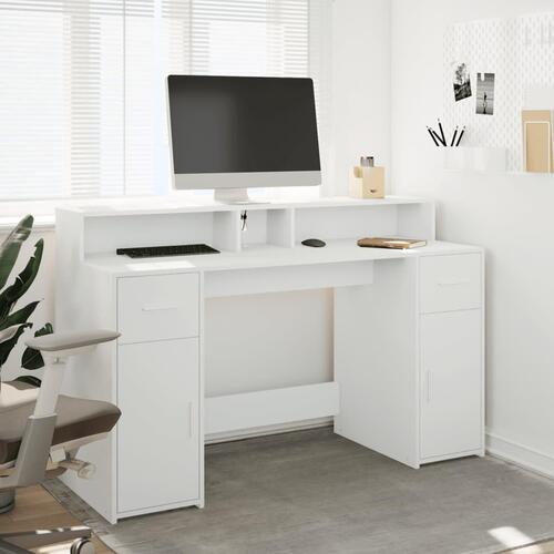 Skrivebord med LED-lys 140x55x91 cm konstrueret træ hvid