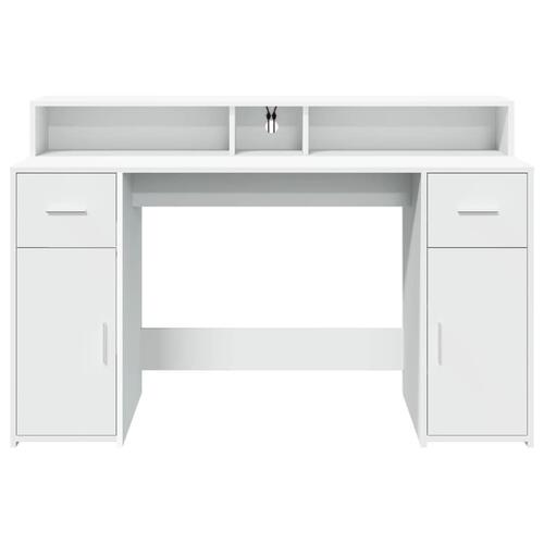 Skrivebord med LED-lys 140x55x91 cm konstrueret træ hvid