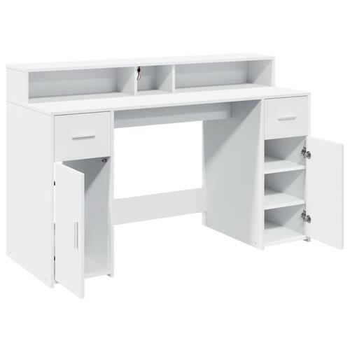 Skrivebord med LED-lys 140x55x91 cm konstrueret træ hvid