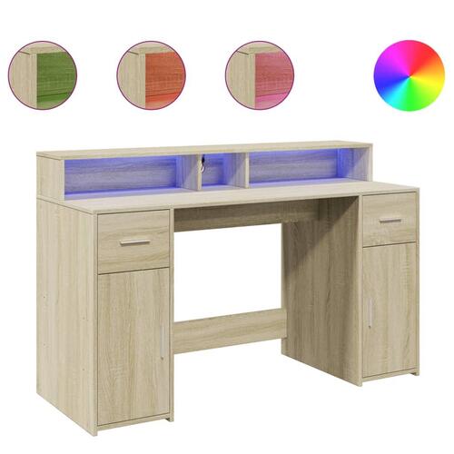 Skrivebord med LED-lys 140x55x91 cm konstrueret træ sonoma-eg