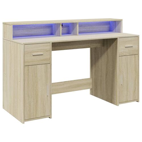 Skrivebord med LED-lys 140x55x91 cm konstrueret træ sonoma-eg