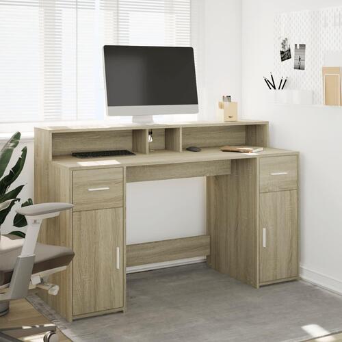 Skrivebord med LED-lys 140x55x91 cm konstrueret træ sonoma-eg