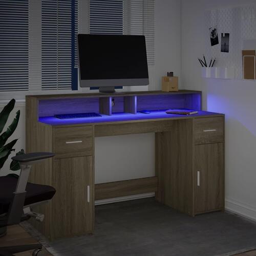 Skrivebord med LED-lys 140x55x91 cm konstrueret træ sonoma-eg