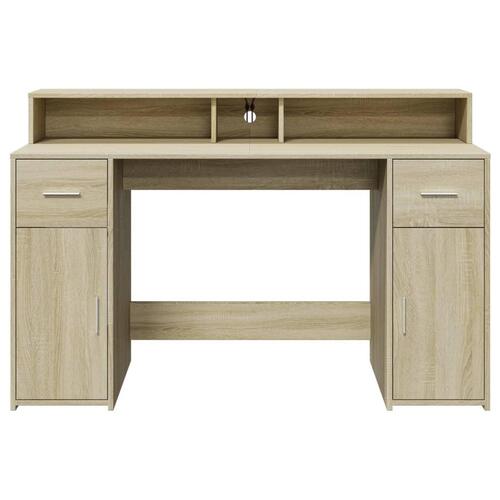 Skrivebord med LED-lys 140x55x91 cm konstrueret træ sonoma-eg