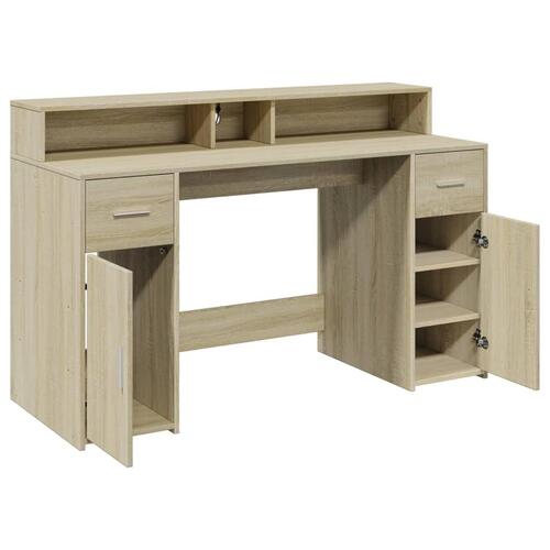 Skrivebord med LED-lys 140x55x91 cm konstrueret træ sonoma-eg