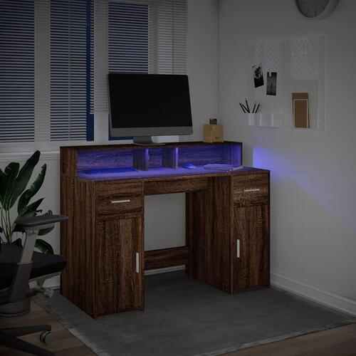 Skrivebord med LED-lys 120x55x91 cm konstrueret træ brunt eg