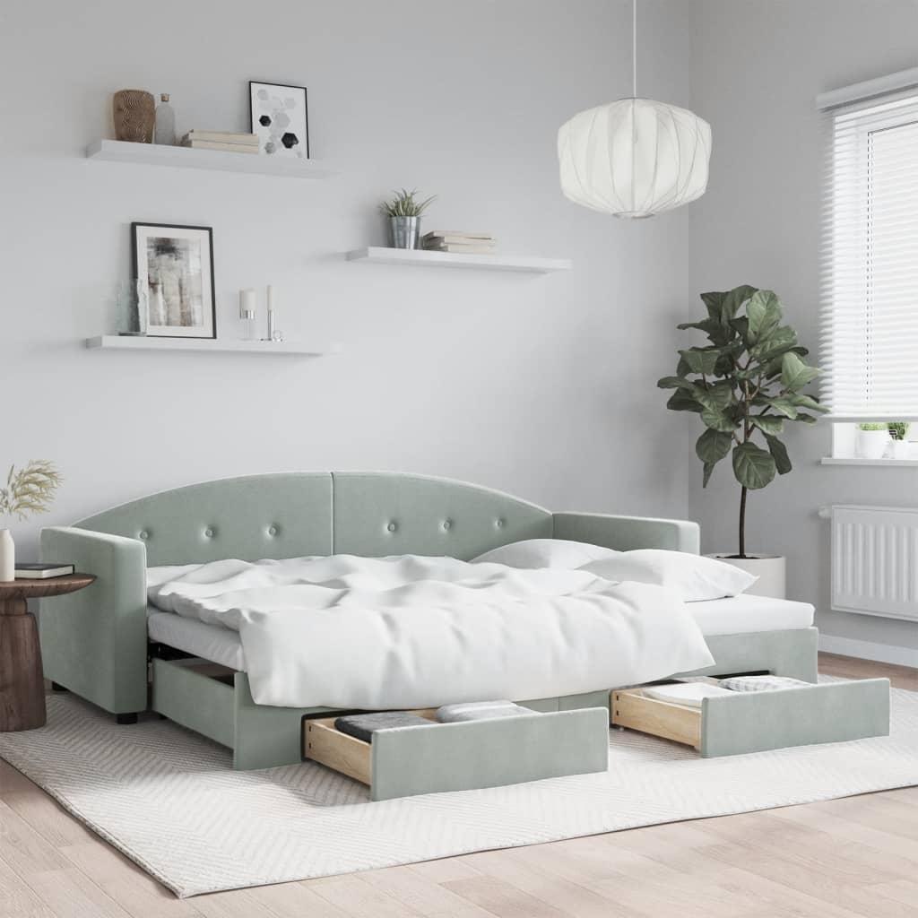 Daybed Velour Lysegrå - med udtræk og skuffe / 80 x 200 cm
