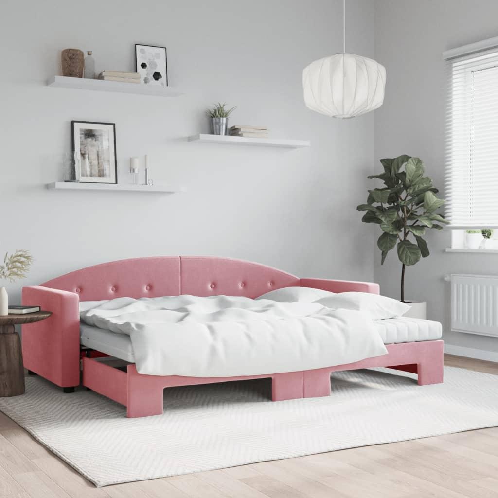 Daybed med udtræk og madrasser 80x200 cm i velour - lyserød