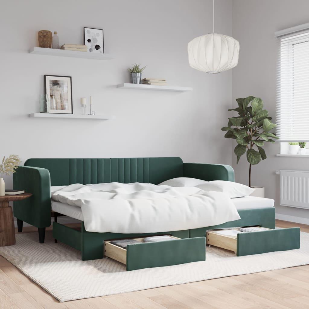 daybed med udtræk og skuffer 90x200 cm velour mørkegrøn