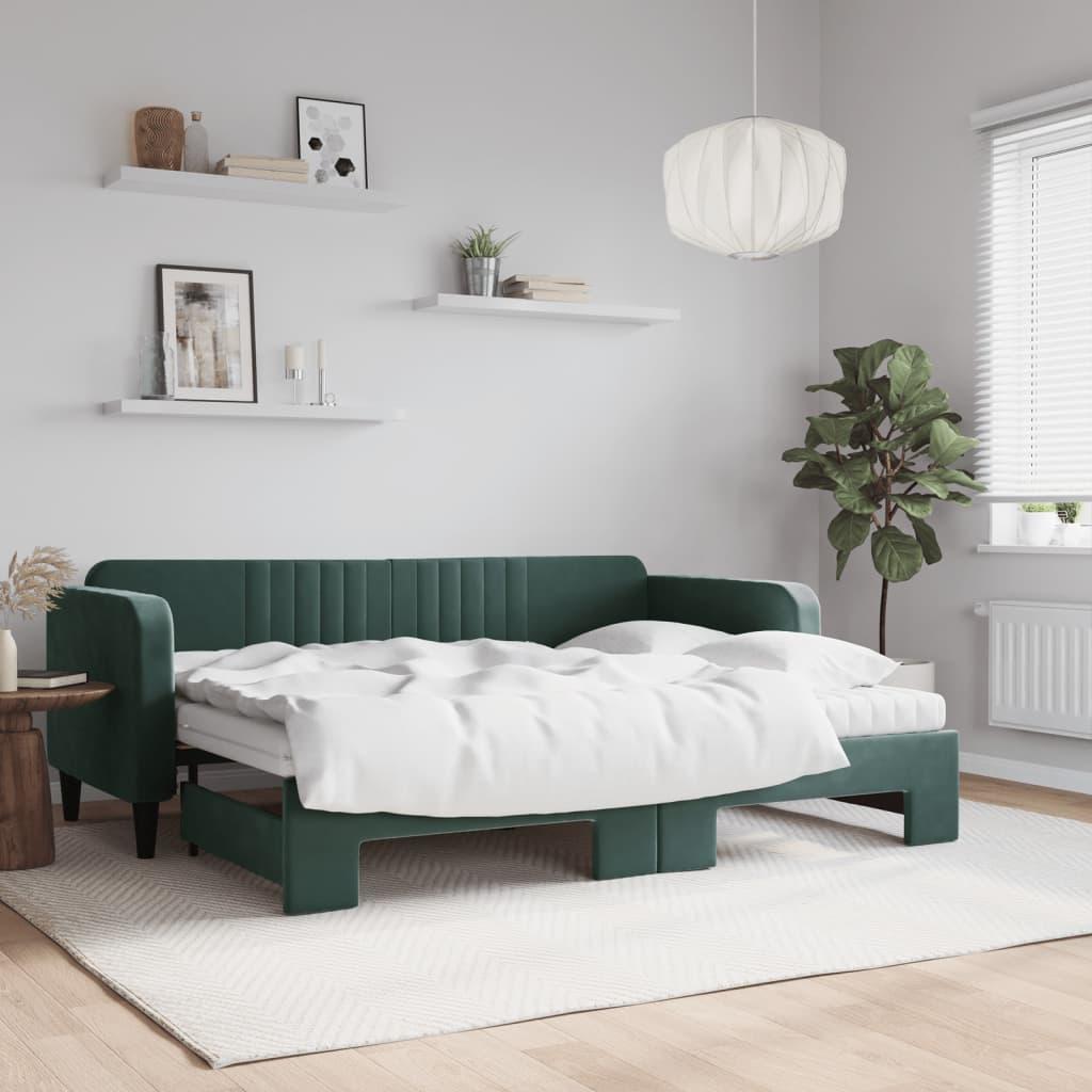 Daybed med udtræk og madras 80x200 cm velour mørkegrøn billede