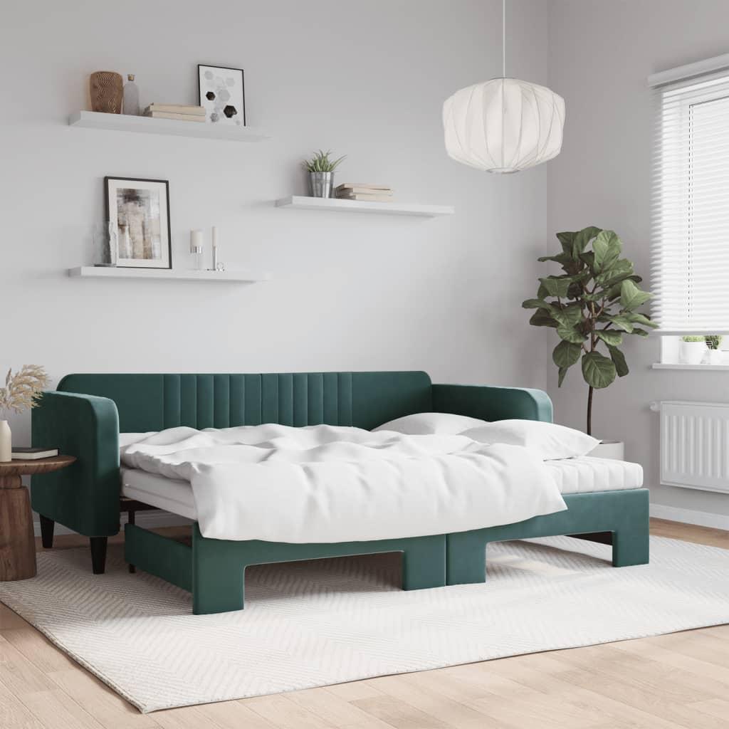 Daybed med udtræk og madras 90x200 cm velour mørkegrøn billede
