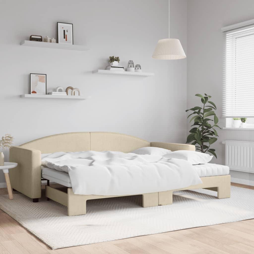 Daybed Stof Farvet Creme - med udtræk og madras / 90 x 200 cm