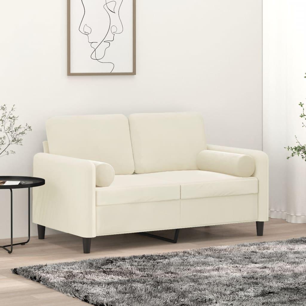 2-personers sofa med pyntepuder 120 cm velour cremefarvet