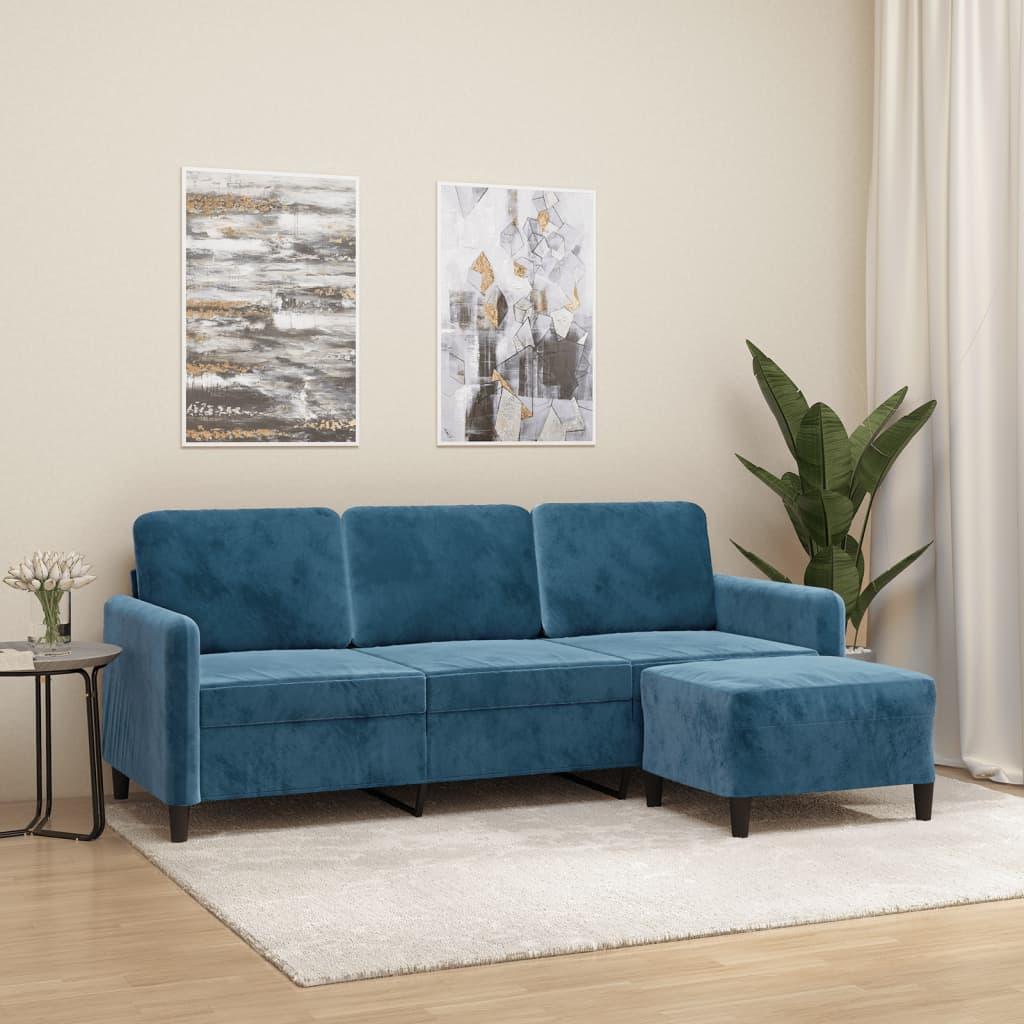 3-personers sofa med fodskammel 180 cm velour blå