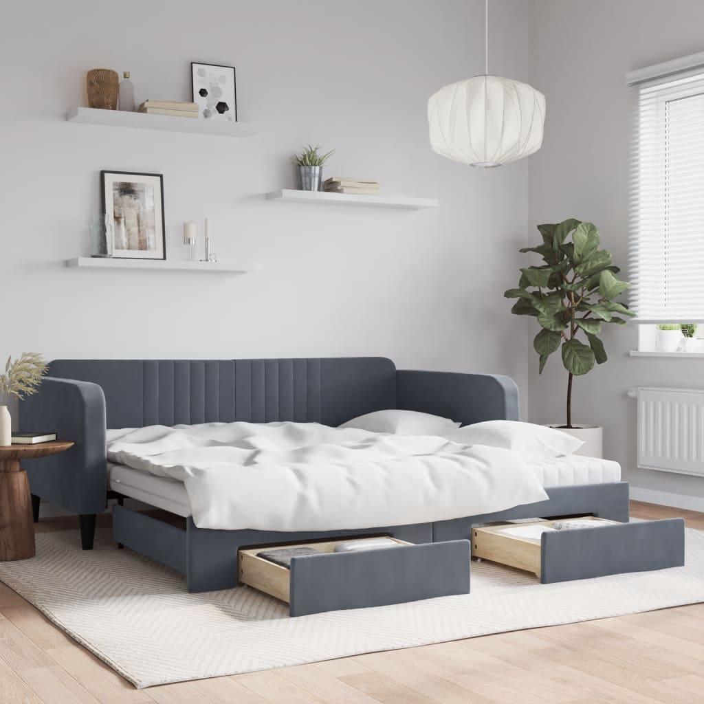 Daybed med udtræk og skuffer 100x200 cm velour mørkegrå billede