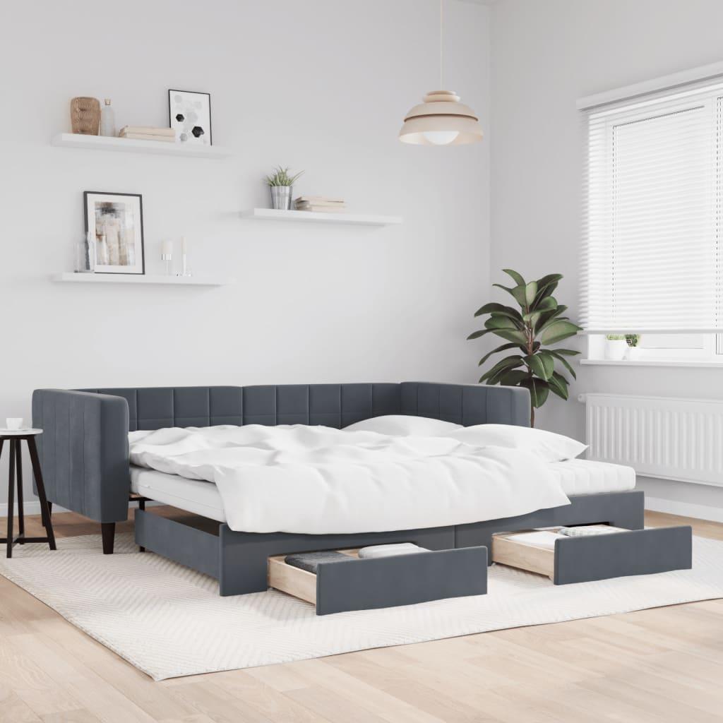 Daybed med udtræk og skuffer 100x200 cm velour mørkegrå billede