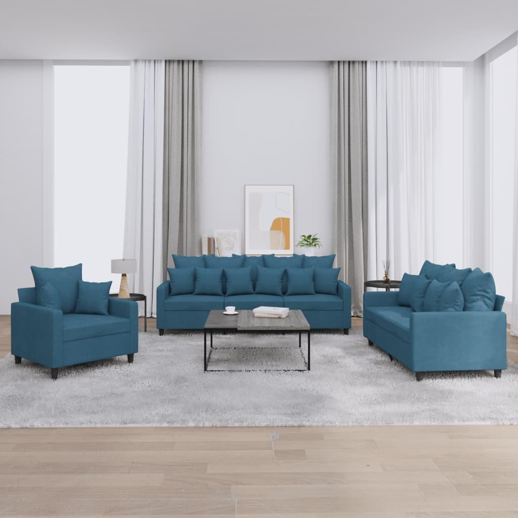 3 personers sofa med hynder velour blå