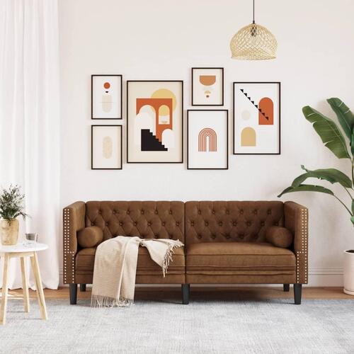 2-personers Chesterfield-sofa m. puder imiteret ruskind brun
