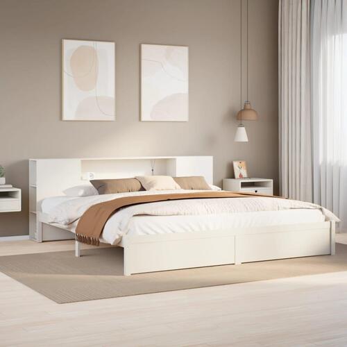 Seng med reol uden madras 200x200 cm massivt fyrretræ hvid