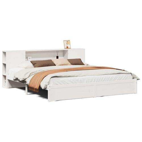 Seng med reol uden madras 200x200 cm massivt fyrretræ hvid