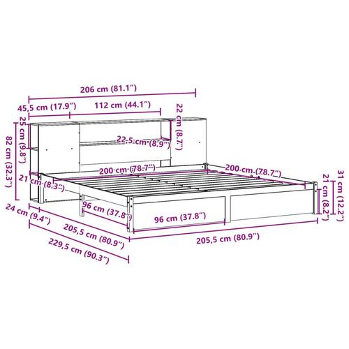 Seng med reol uden madras 200x200 cm massivt fyrretræ hvid