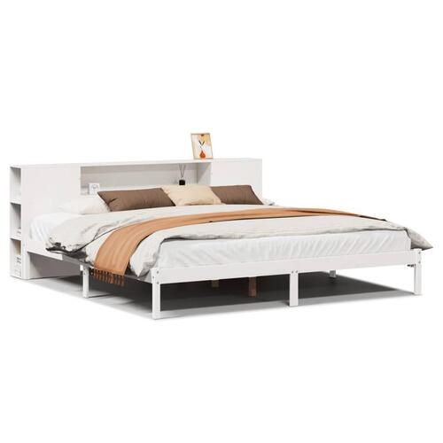 Seng med reol uden madras 200x200 cm massivt fyrretræ hvid