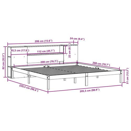 Seng med reol uden madras 200x200 cm massivt fyrretræ hvid