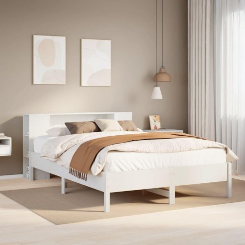 Seng med reol uden madras 140x190 cm massivt fyrretræ hvid