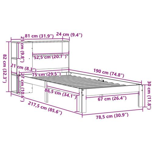 Seng med reol uden madras 75x190 cm massivt fyrretræ