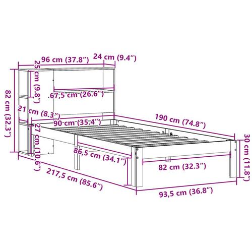 Seng med reol uden madras 90x190 cm massivt fyrretræ