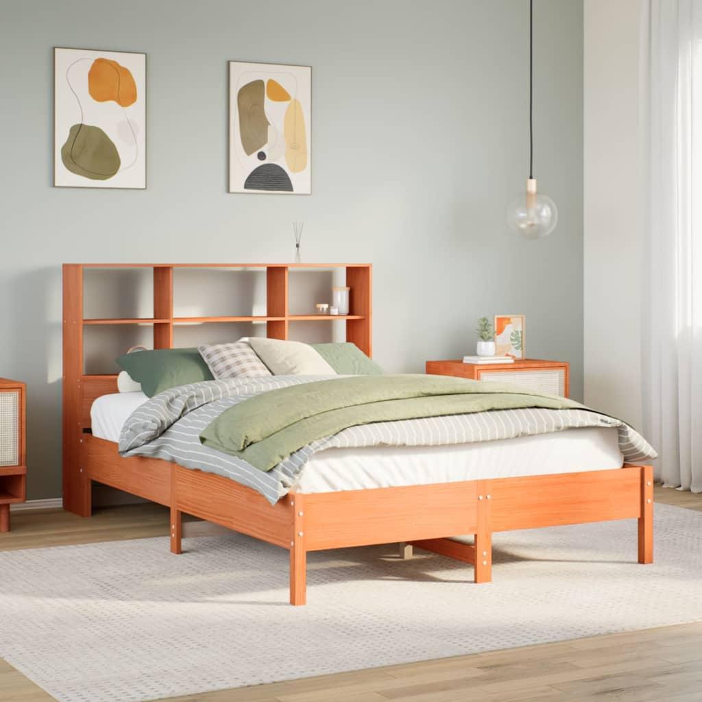 Seng med reol uden madras 140x190cm massivt fyrretræ gyldenbrun billede