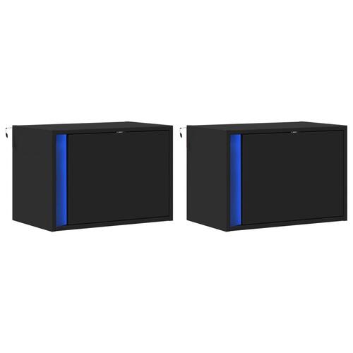 Væghængte sengeborde 2 stk. med LED-lys sort