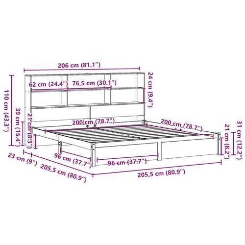 Seng med reol uden madras 200x200 cm massivt fyrretræ hvid