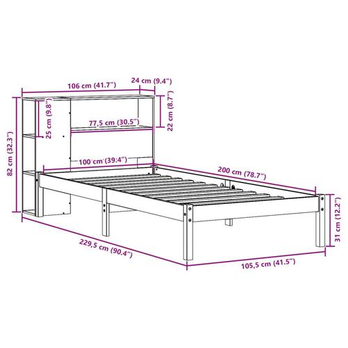 Seng med reol uden madras 100x200 cm massivt fyrretræ