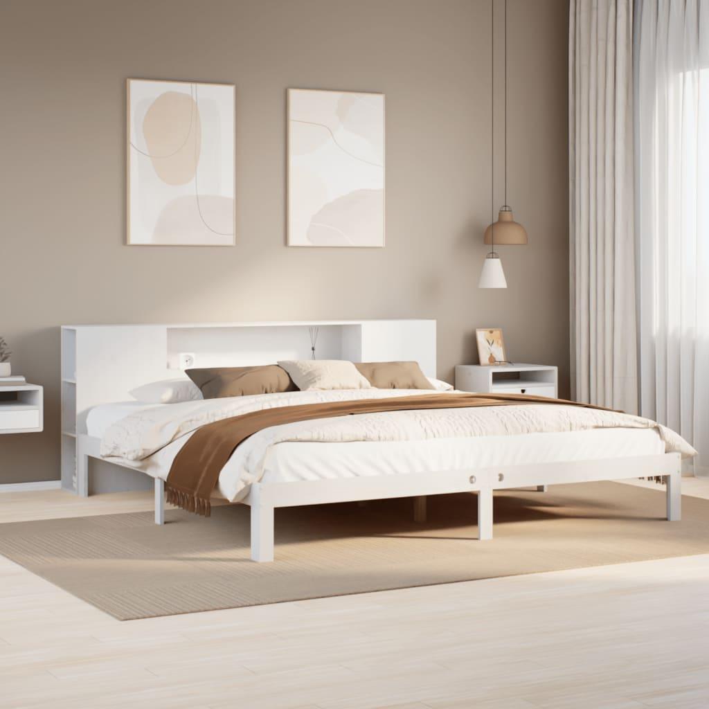 Seng med reol uden madras 200x200 cm massivt fyrretræ hvid