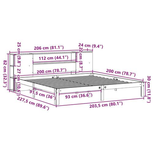 Seng med reol uden madras 200x200 cm massivt fyrretræ hvid