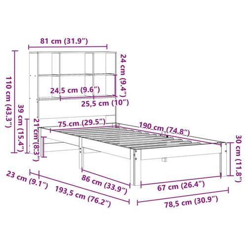 Seng med reol uden madras 75x190 cm massivt fyrretræ gyldenbrun