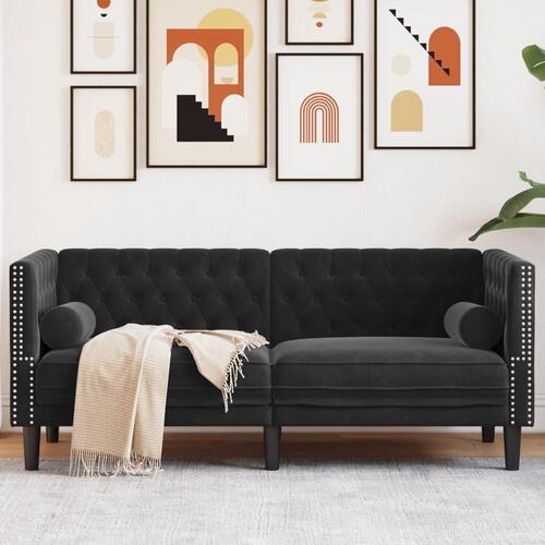 2-personers Chesterfield-sofa med bolsterpuder fløjl sort