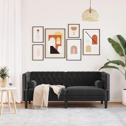 2-personers Chesterfield-sofa med bolsterpuder fløjl sort