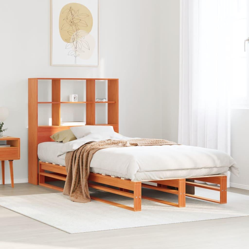 Seng med reol uden madras 75x190 cm massivt træ gyldenbrun billede
