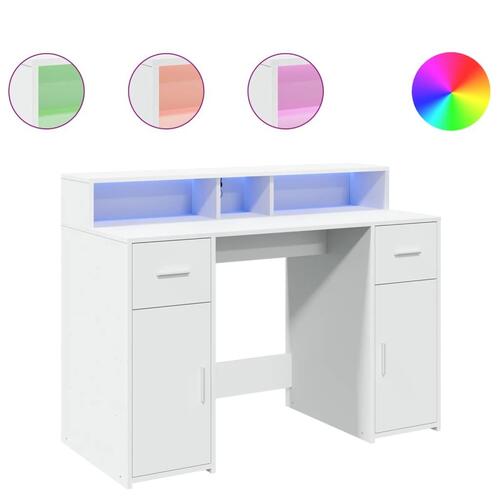 Skrivebord med LED-lys 120x55x91 cm konstrueret træ hvid