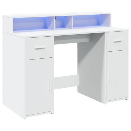 Skrivebord med LED-lys 120x55x91 cm konstrueret træ hvid