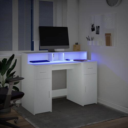 Skrivebord med LED-lys 120x55x91 cm konstrueret træ hvid